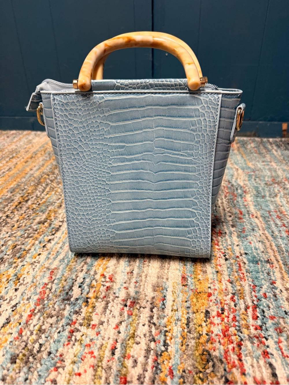 Light Blue Croc-Embossed Top-Handle Bag with Tortoiseshell Accent